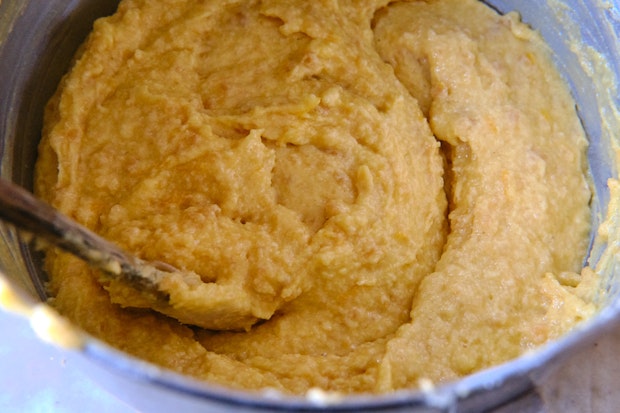 almond cake batter in a mixing bowl