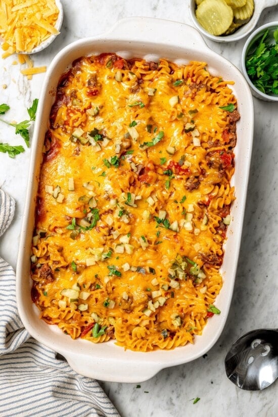 Overhead view of cheeseburger casserole in baking dish