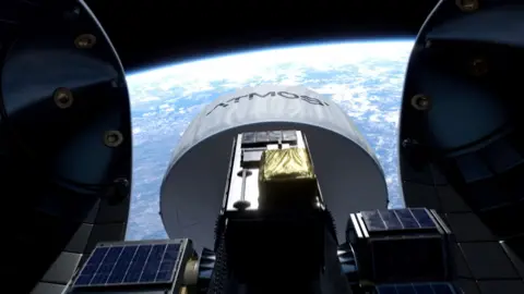 BBC News Realistic artist impression of a box about to be ejected into orbit. The Earth appears in the background, the white cover, bearing the name of the space cargo firm Atmos, has already been ejected and has begun its descent.