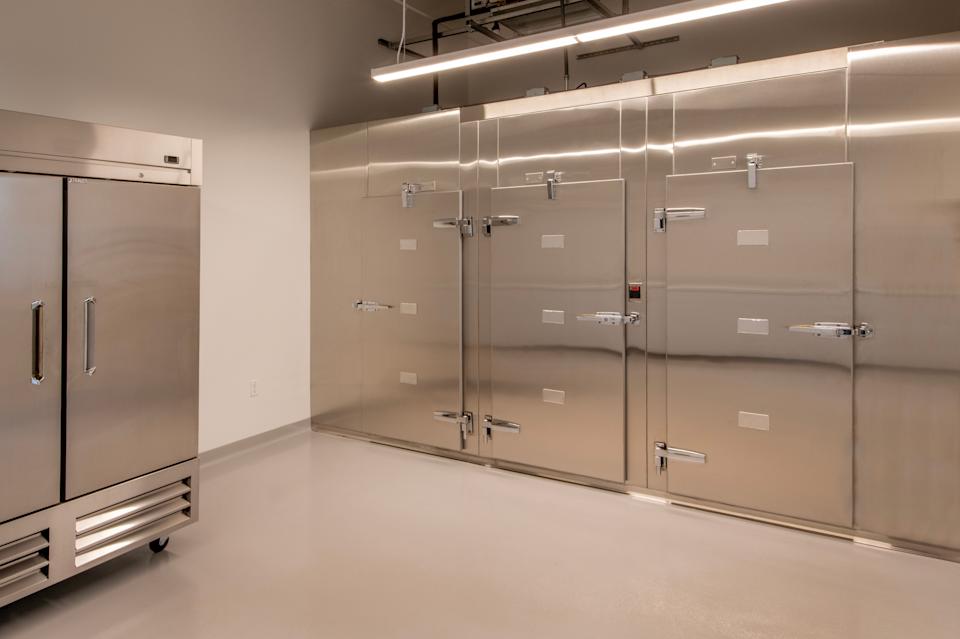 Industrial stainless steel cooling units in a sterile, well-lit environment. Clean, modern design with overhead lighting and sealed doors