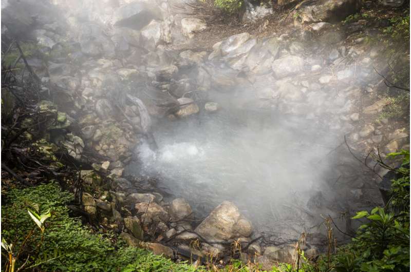 Carbon dioxide released by rising magma bubbles up and heats a pool of water in Costa Rica near the Rincón de LaVieja volcano. Increases in volcanic gases could be a sign that a volcano is becoming more active. Credit: Josh Fisher/Chapman University NASA satellite images could provide early volcano warnings