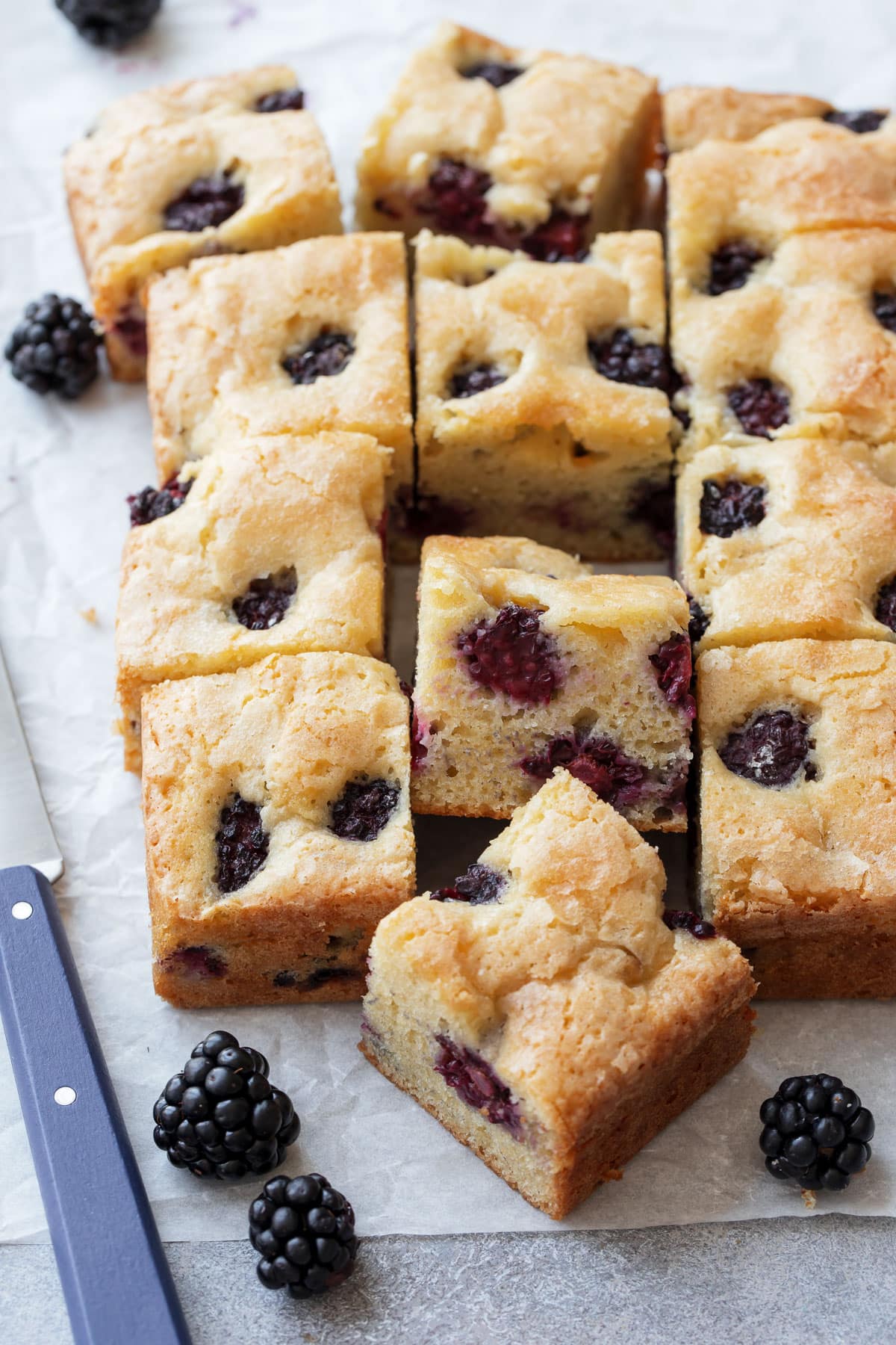 Cut squares of Blackberry Butter Cake on a piece of parchment, with a small blue knife and a few fresh blackberries scattered around.