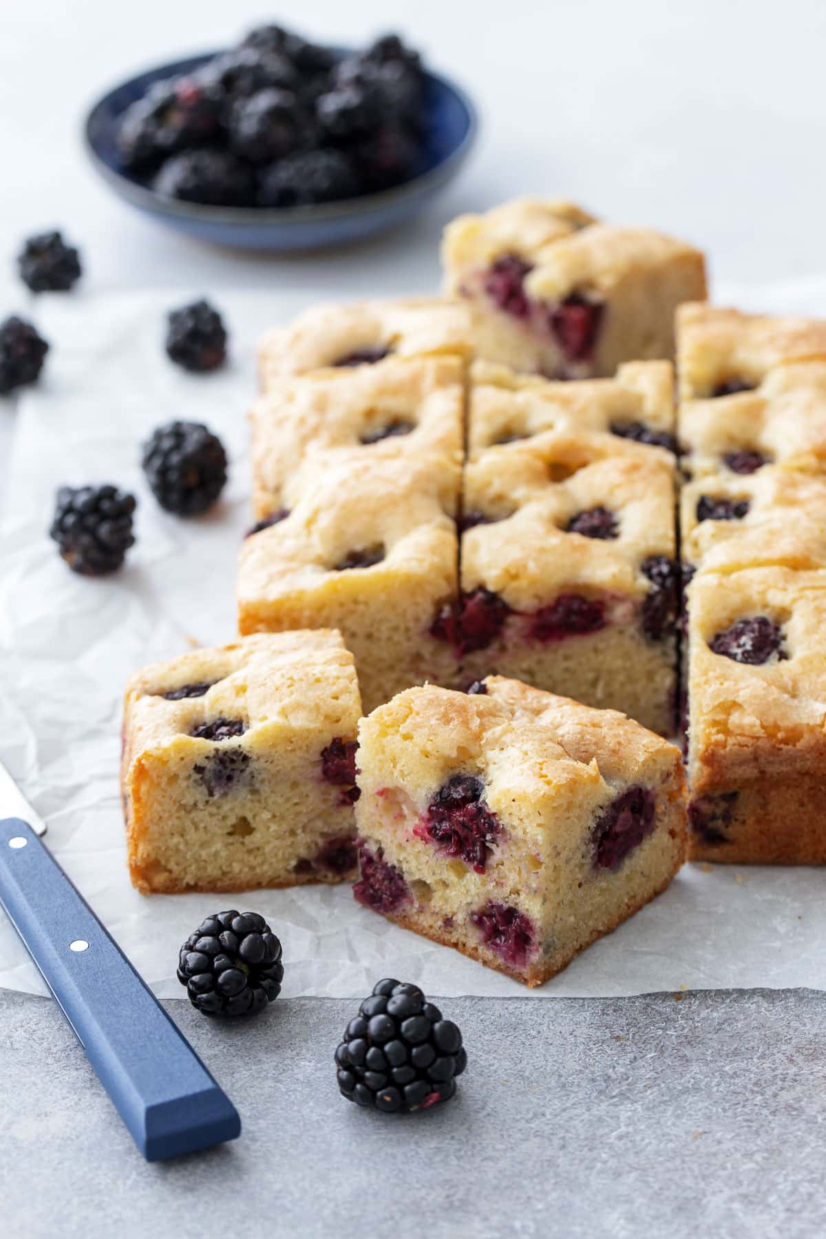 Cut squares of Blackberry Butter Cake on a piece of parchment, with a small blue knife and a few fresh blackberries scattered around.
