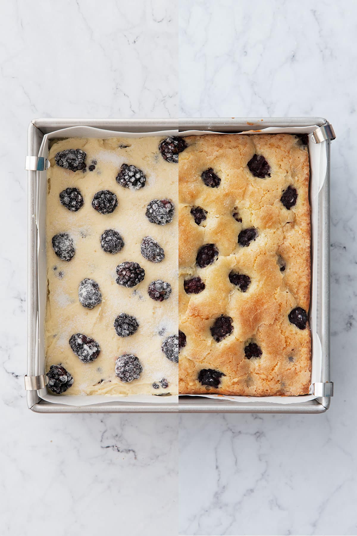 Split screen showing the Blackberry Butter Cake before and after baking.