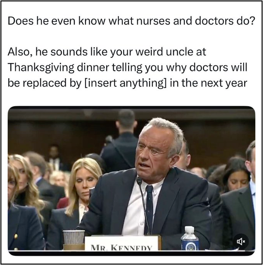 A man labeled "Mr. Kennedy" speaks into a microphone at a formal hearing, with people seated behind him. Text above jokes about him not understanding medical professions and compares his speech to a rambling uncle at Thanksgiving.